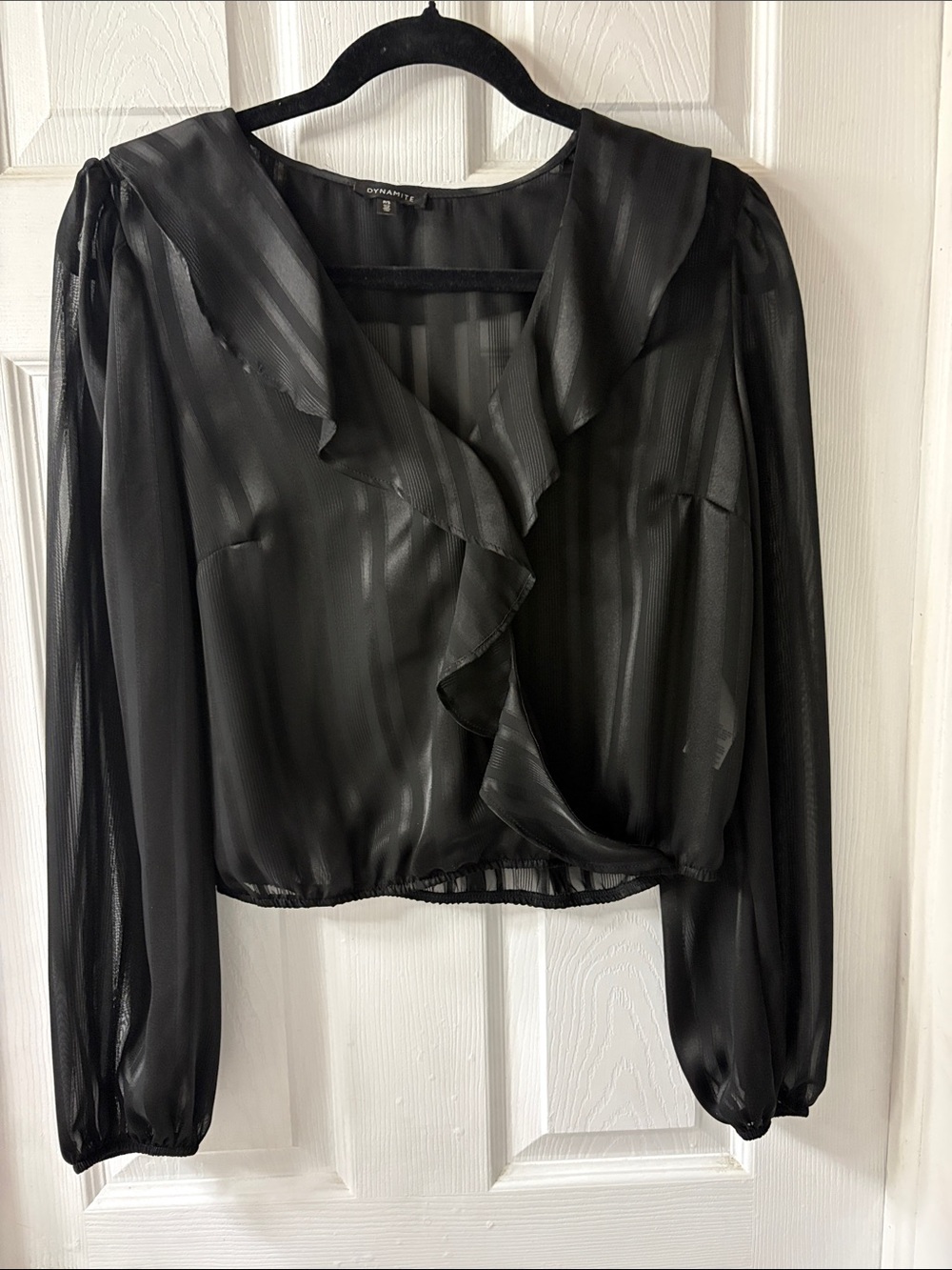 Sheer Ruffle Wrap Blouse - Black